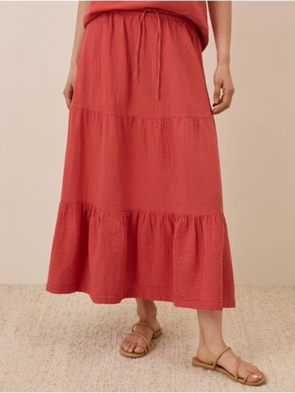 Pact Tiered Maxi Skirt in Coral Red